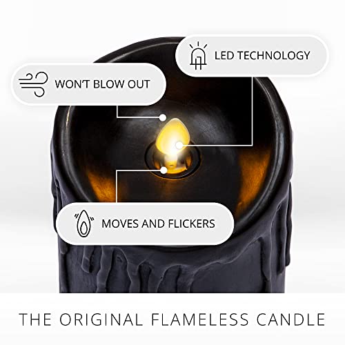 Black Wax Drip Flameless Candle Set - 3 x 6.5 Inch LED Moving Flame Pillars with Timer