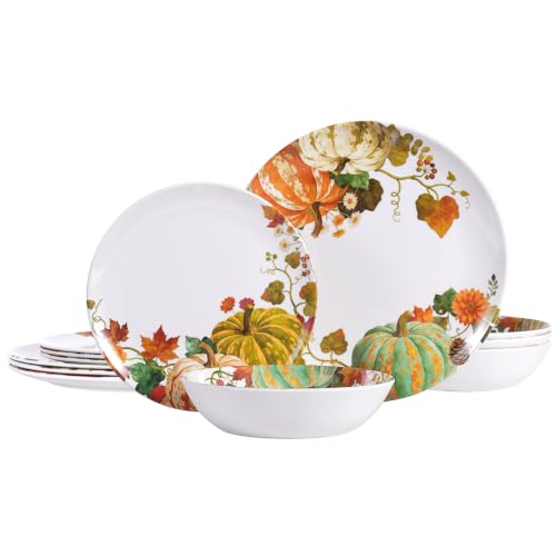 Pumpkin Fall Melamine Dinnerware Set for 4 - Service for 4, Plates & Bowls