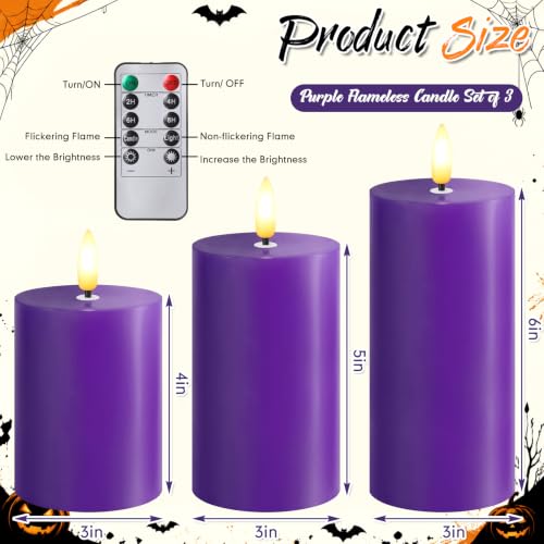 Set of 3 Purple Flameless Real Wax LED Pillar Candles with Remote Control