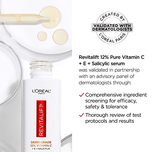 L'Oreal Paris Revitalift 12% Pure Vitamin C Serum, Brightening Serum For Face with Vitamin E, Salicylic Acid, 1 oz + Moisturizer Sample