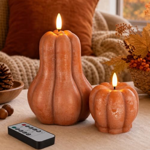 Flameless Pumpkin Candles Set of 2 - Orange Fall Decorations with Remote