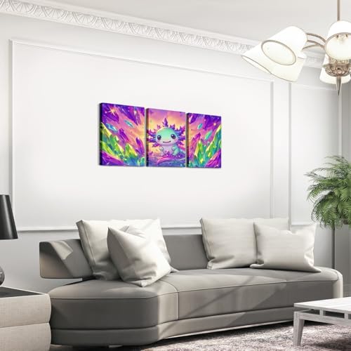 3D Axolotl Wall Art Set - Purple Green Canvas Posters for Home Decor