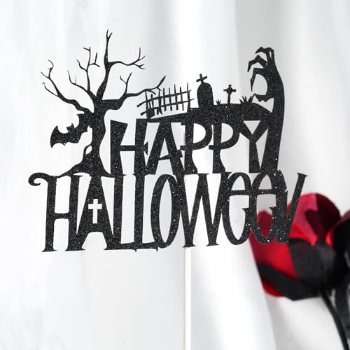 Halloween Cake Topper Black Glitter Spooky Haunted House Decor for Birthday & Party