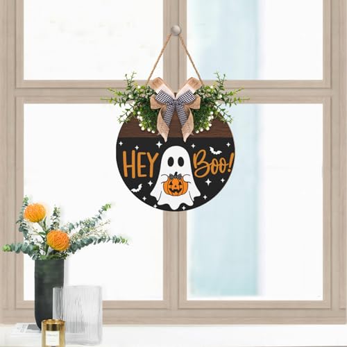 Halloween Door Sign Outdoor Decor Ghost Pumpkin Wreath - Hey Boo Variation