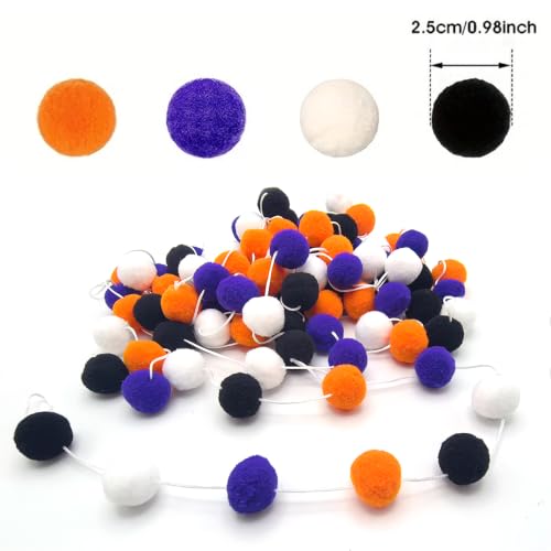 Halloween Wool Felt Ball Garland - 3 Pack, 19.68 Ft, Black, Orange, Purple & White