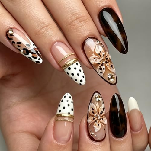 Floral Polka Dot Style 30Pcs Almond Medium Fake Nails with Leopard & Flower Design