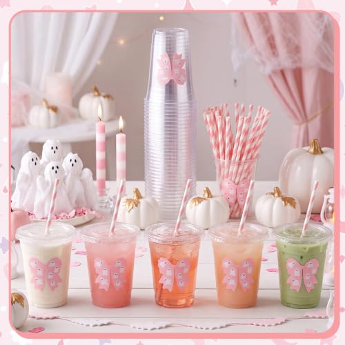 Sliner 16 oz Pink Bow Ghost Plastic Cups with Straw - Halloween Party Supplies, 50 Pack