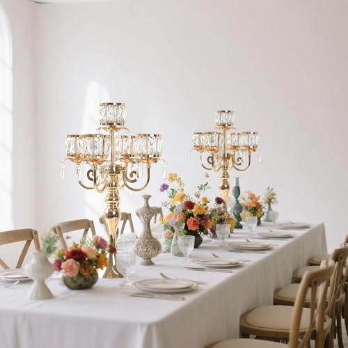 Gold Square Crystal Candle Holder 5 Arm Candelabra 22 Inch Wedding Centerpiece - Variation of Square-Crystal Bowl