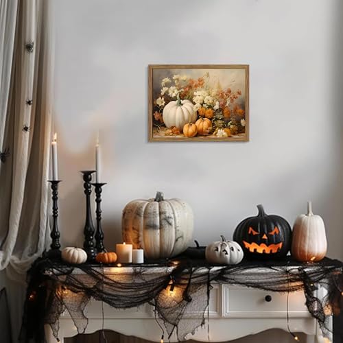 Autumn Pumpkin Wall Art - Framed White Pumpkin & Floral Canvas, 16x12in Rustic Fall Decor