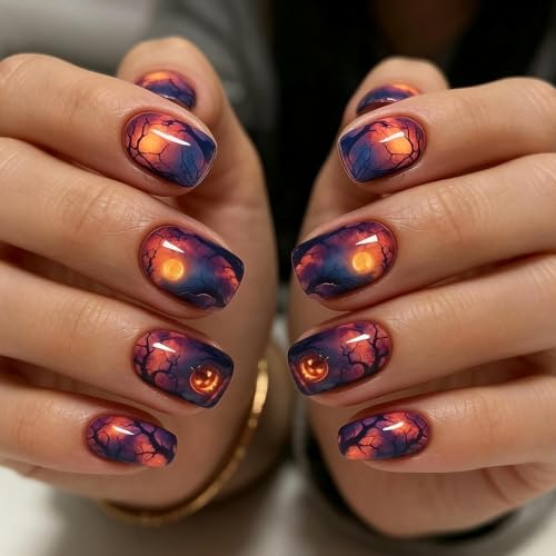 Halloween Press-On Nails Short Square Night Sky Dead Tree Pumpkin Style77