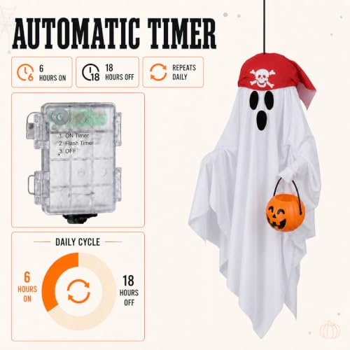 White Light Up Pirate Ghost Halloween Decorations - 2 Pack Hanging Porch Decor
