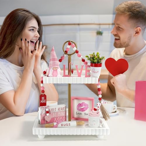 Pink Valentine's Day Tiered Tray Decor Set - 8 Pieces, Farmhouse Style, Includes Gnome & Heart Accents - Pink Valentine