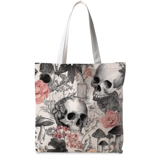 FDHSPAAM Canvas Tote Bag - Spooky Flower Skull Mushroom Variation Large Capacity