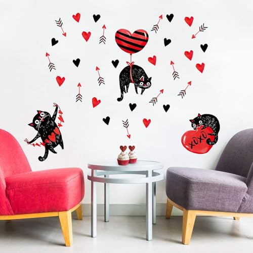Valentine's Day Cat Window Stickers - Heart Black Cat Wall Decals - Style 20