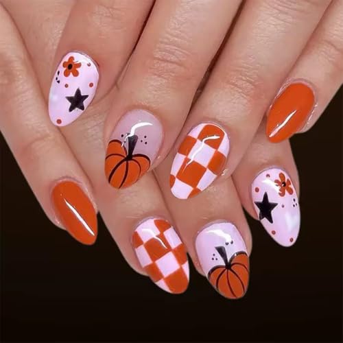 Fall Press on Nails - Short Almond Fake Nails, Orange - Style 10