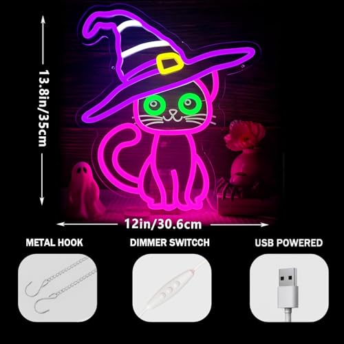 Halloween Cat Neon Sign Dimmable Multi-Color LED Halloween Decoration with Variation - White, Purple, Yellow, Green, Pink
