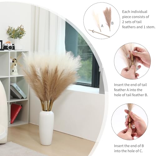 Artificial Pampas Grass Stems - 9 Pack, 38 Inch Long Fluffy Faux Decor Beige & Taupe