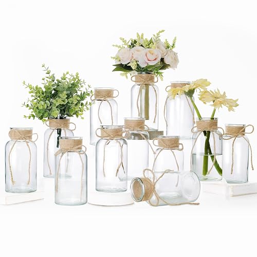 Set of 12 Clear Glass Vases with Twine Ties for Wedding & Home Decor
