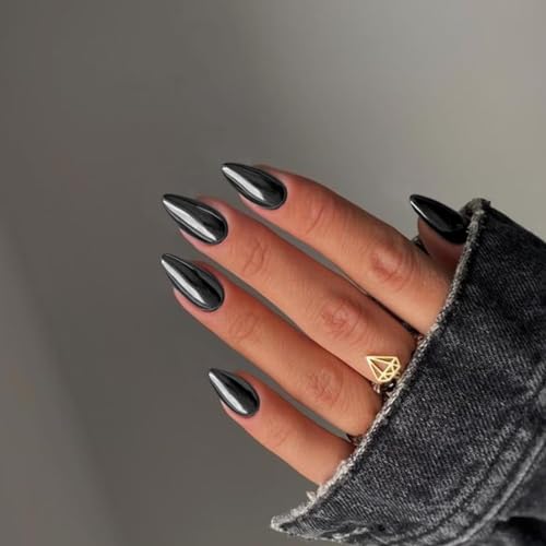Black Chrome Almond Press On Nails - Medium Length Metallic Fake Nails for Women