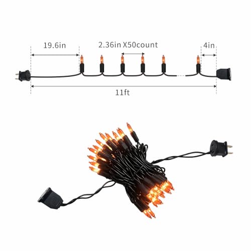Orange Halloween String Lights 50 Count Connectable IP44 Waterproof Black Wire - 11 Feet