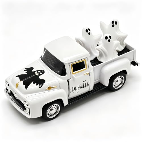 Farmhouse Halloween Truck Decor with Ghost Figurines - White, Indoor Use