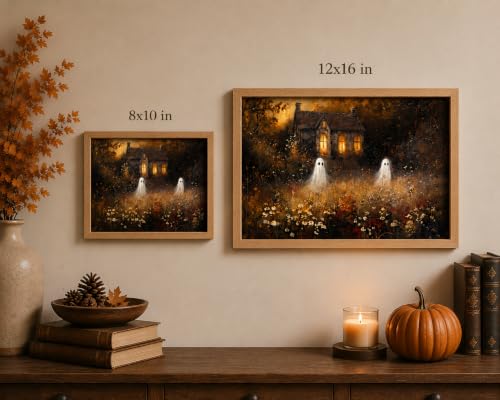 Ghost Wall Art Canvas - Framed Halloween Wall Decor, 16x12 Inch - Whimsical Autumn Scene