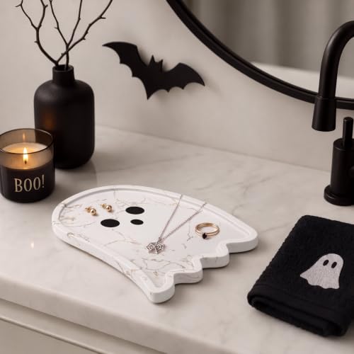 Halloween Ghost Marble Serving Tray 11.8 Inch Decorative White Marble Tray