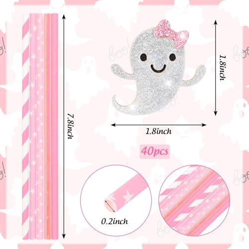 Pink Ghost Halloween Paper Straws - 40Pcs Glitter Ghost Party Drink Staws with Decorations