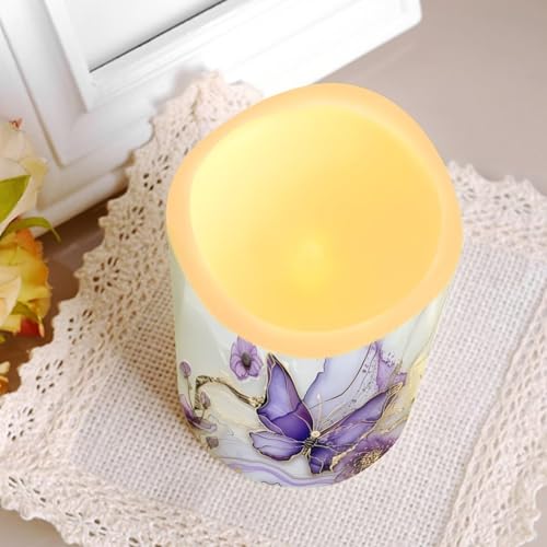 Purple Butterfly LED Pillar Candles Set of 4 with Remote & Timer - Color Changing Flameless Decor