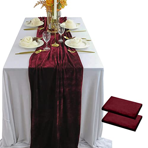 Velvet Table Runner 10ft Burgundy 20x120 Inch Wedding Reception Decorations - 2 Pack