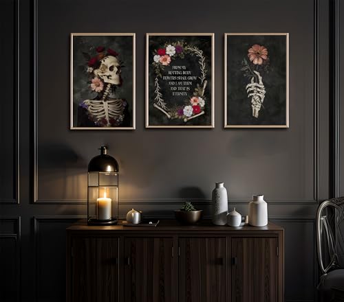 Black Gothic Skull Canvas Wall Art - Romantic Moody Flowers Poster for Bedroom & Halloween Decor - 16x24in