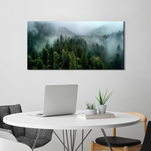 Misty Green Mountain Forest Wall Art - 20x40 Inch Canvas Landscape Decor - Variation of 40L x 20W / Green Forest