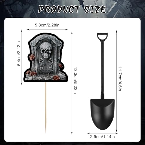 Halloween Cupcake Toppers with Tombstone & Shovel Spoons - Graveyard Cake Decorations, 48 Pieces