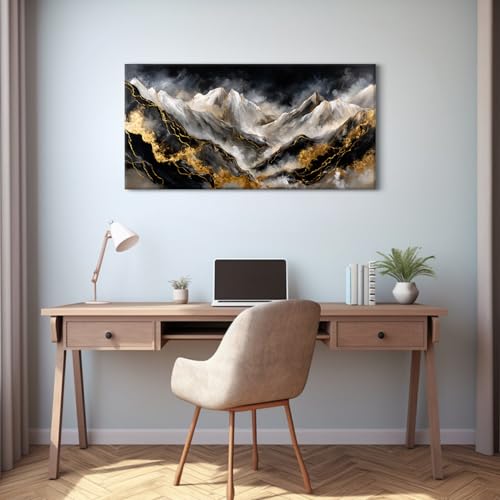 Abstract Mountain Wall Art Canvas - Black & Gold Watercolor Landscape - 40"L x 20"W - Mount01