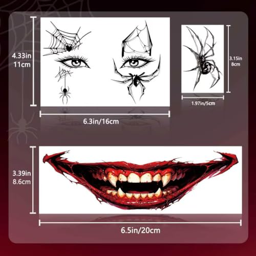 Halloween Face Tattoo Set with Spider & Monster Designs - 25 Sheets