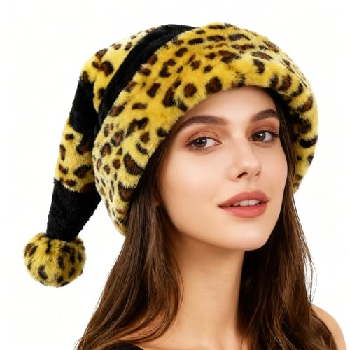 Leopard Santa Hat Unisex Christmas Party Hat with Fluffy Pompom - Holiday Costume Accessory