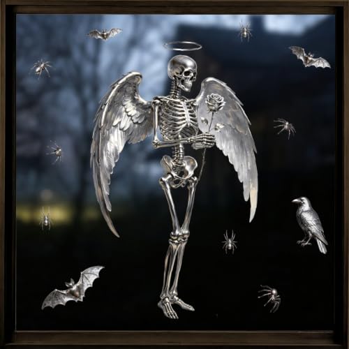Halloween Skeleton Window Clings - Large Angel Skeleton Stickers with Spiders & Bats, 2 Sheets, 15 Pieces - Variation: Skeleton
