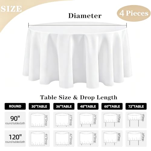 120 Inch Round White Tablecloth - 4 Pack, Premium Polyester, Stain-Resistant, Elegant for Events