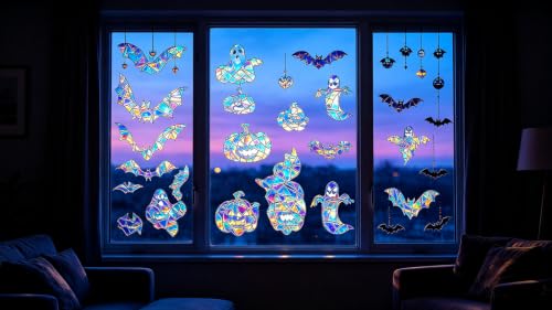 Halloween Window Decals Set - Rainbow Ghost Bat Pumpkin Stickers for Holiday Decorations