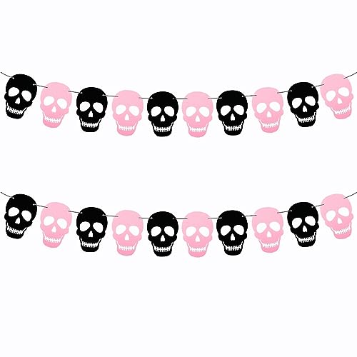 Black Pink Skull Garland Banner for Halloween DIY Decorations - Felt Skeleton Decor