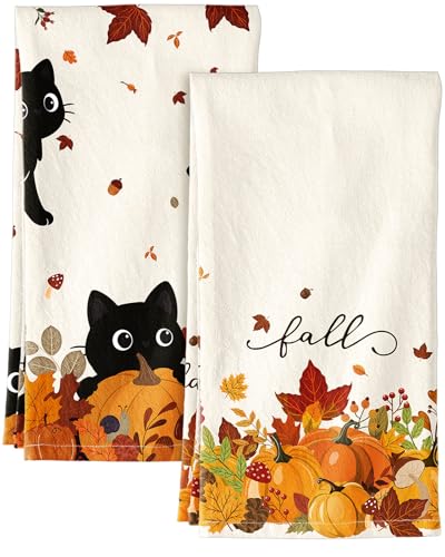 Miss Adola Fall Kitchen Towels Set of 2 - Pumpkin Cats Design