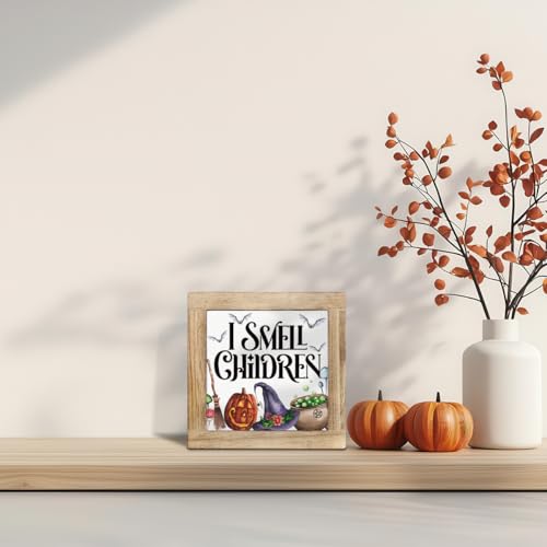 Halloween Decor Signs - I Smell Children Sign - Style 16 - Wooden Box Sign for Halloween Party & Fall Autumn Home Decor - 5.9x5.9x0.7 Inches