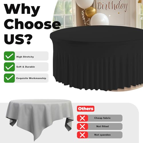 Black 5ft Round Spandex Tablecloth with Skirt - 60 Inch Fitted Wrinkle-Free Cover for Wedding & Events - 2 Pack