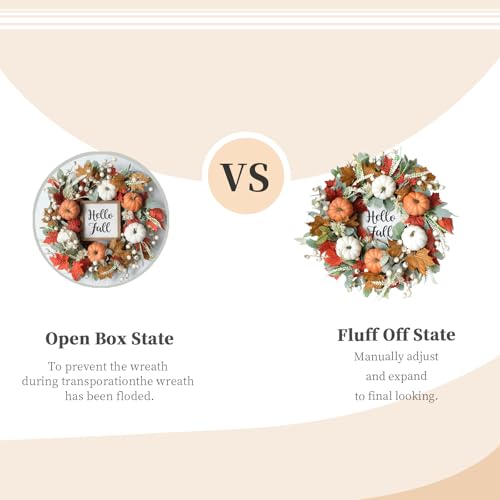 20-Inch Fall Wreath for Front Door - Autumn Maple Leaf Pumpkin Berry with Hello Fall Sign