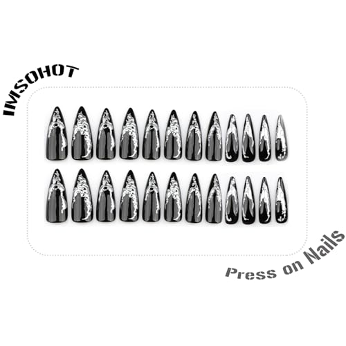 Press On Nails Long Stiletto Black Silver Ombre 3D Fake Nails - Reusable