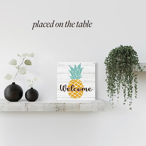 Welcome Pineapple Wooden Sign - Summer Farmhouse Wall Decor, 7.1x7.1 Inches, Rustic Porch Entryway Decor - Variation of WelcomePineapple