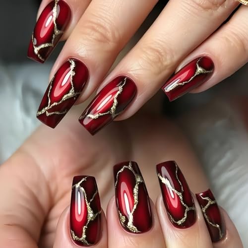24Pcs Coffin Press On Nails with Gold Crackle and Red Variation - Medium Length Fake Nails for Manicure