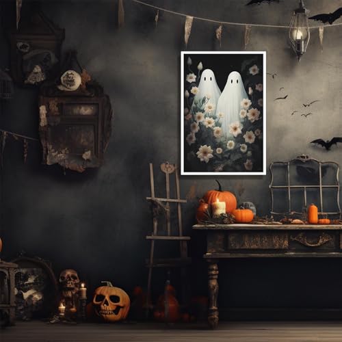 16x12 Ghost Wildflowers Halloween Wall Art Canvas Unframed - Dark Academia Decor