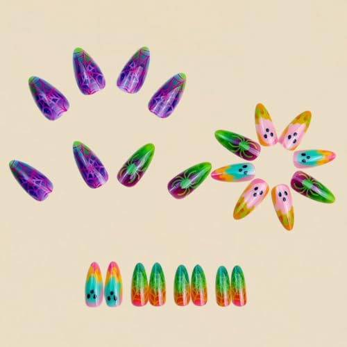 Halloween Medium Almond Press-On Nails Style19 Colorful Ghost Spiderweb Design 24PCS