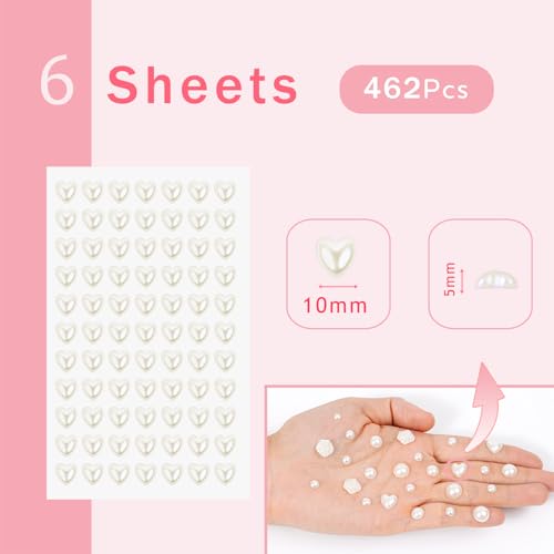 Heart-Shaped Pearl Stickers 10mm Self-Adhesive Gems for Crafts Makeup Nails - White